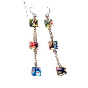 Vintage handmade Jewelry Dangle Earring Chain 3 Square Glass Millefiori Beads